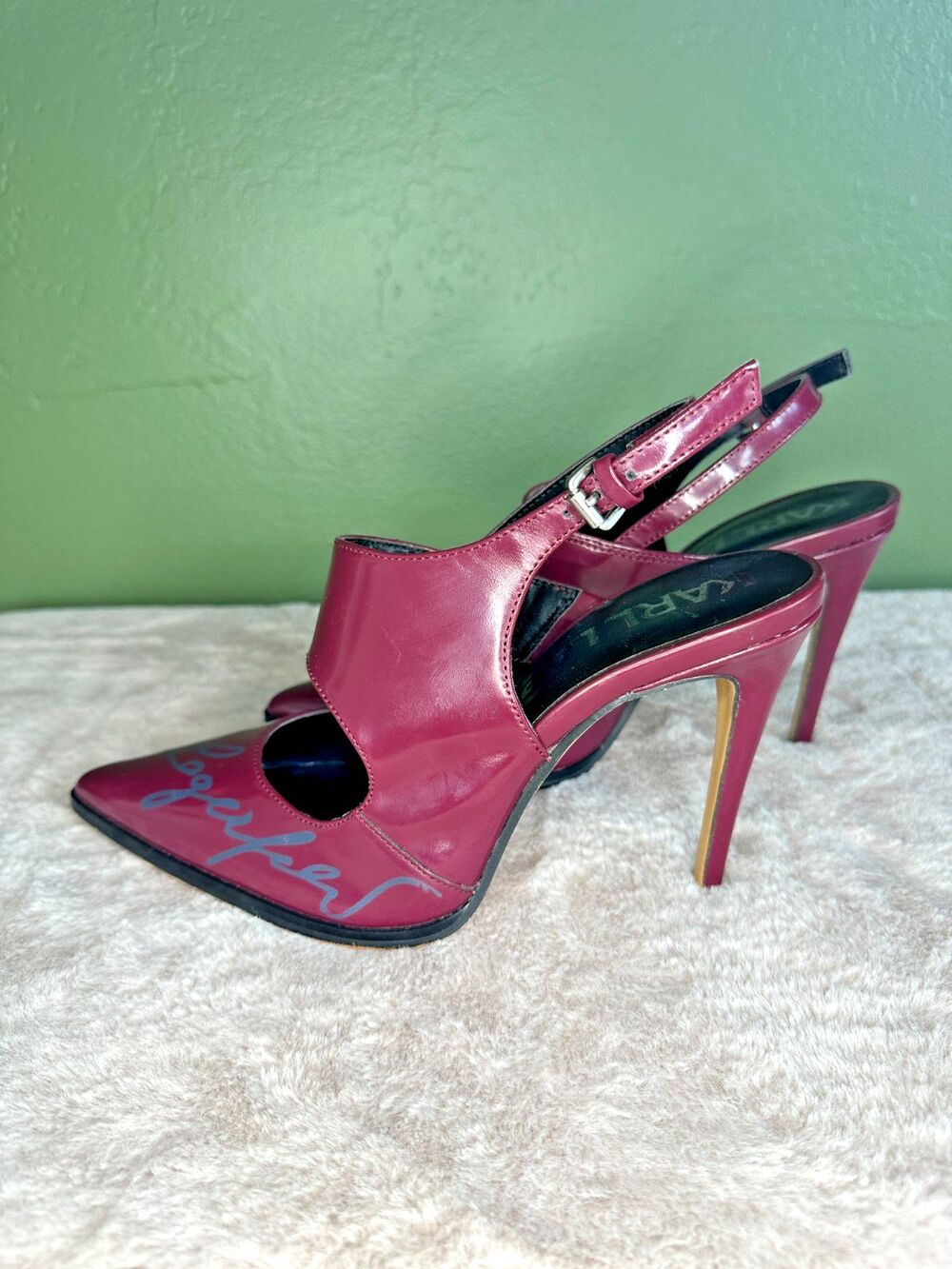 Karl Lagerfeld Oxblood Logo High Heels Sz 7 / 37.5 Streetwear Leather Slingback - Picture 4 of 7